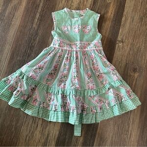 Pink rose floral and green & white gingham checked party dress girls size 6 EUC